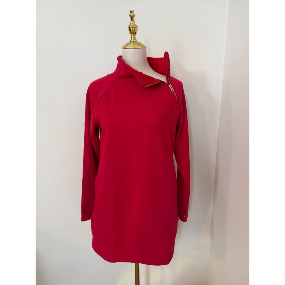 Athleta Cozy Karma Asym Pullover Women M Red Fleece Tunic 1/4 Zip Thumbholes